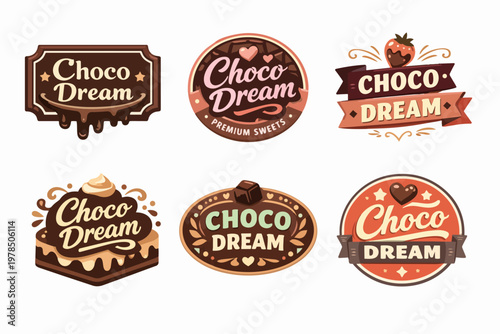 Chocolate dream logos representing sweet brands and confectionery labels with dessert motifs, badges, and stickers