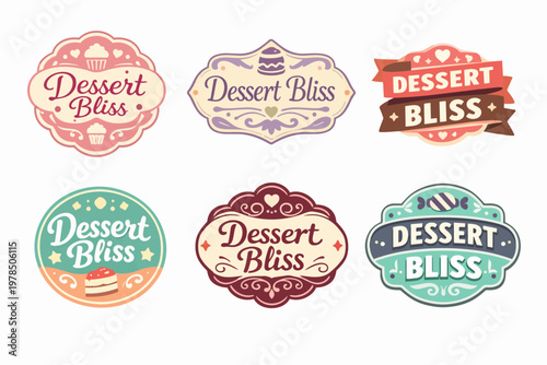 Dessert bliss labels presenting a collection of retro-style emblems for bakery, pastry shop, cake, and dessert branding
