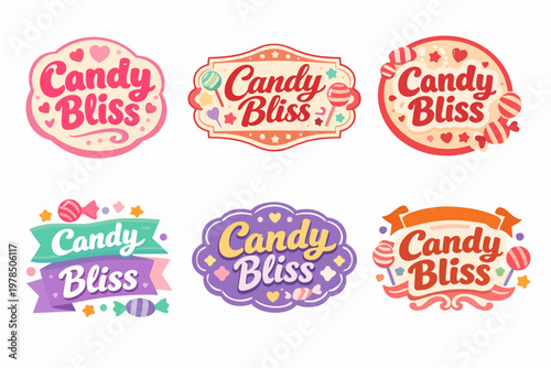 Candy bliss logos showcasing a collection of sweet confectionery designs with lollipops, stars, and hearts, ideal for branding