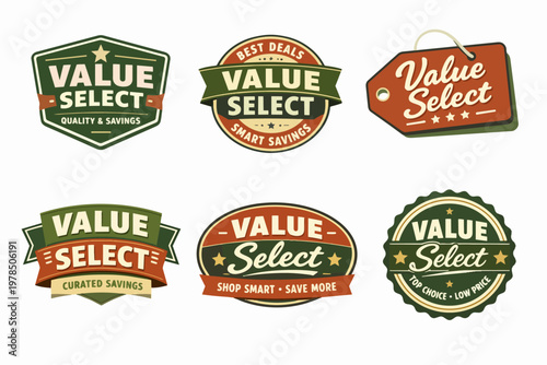 Value select badges set offering special discounts, smart savings, curated quality, and top choice low price deals