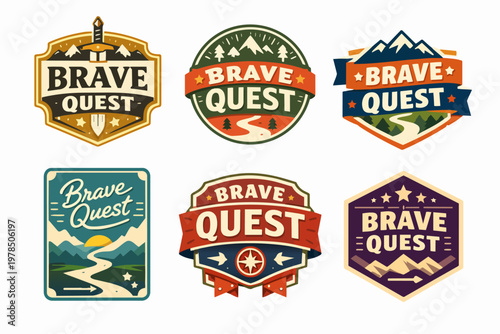 Brave quest outdoor adventure emblem collection, featuring vintage style badges for exploration and camping activities