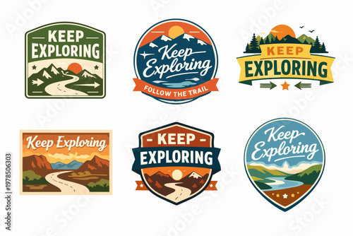 Vector badges and emblems collection for outdoor adventure travel, keep exploring journey in nature landscapes