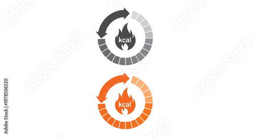 Two circular icons representing calorie burn and intake featuring flames and circular progress bars