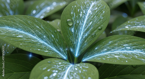 Vibrant green leaves adorned with glistening water droplets and illuminated blue energy patterns, depicting a conceptual blend of nature, technology, and sustainable growth