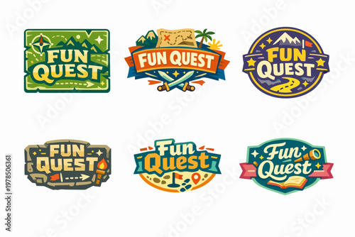 Fun quest adventure game labels set offering exploration, journey, discovery, and treasure hunt concept designs