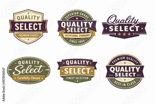 Quality select badges set displaying premium choice, superior grade, exceptional standard, and best in class symbols