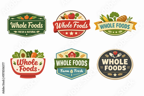 Whole foods logo collection for organic and healthy grocery, showcasing natural farm fresh ingredients labels