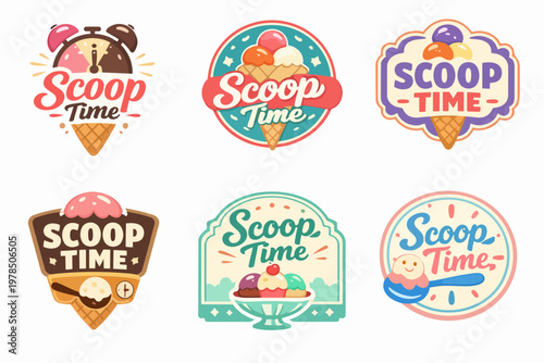 Scoop time ice cream logos and emblems for dessert parlors, sweet shops, and treat branding
