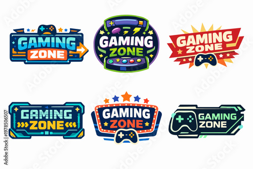 Gaming zone badges and emblems, illustrating video game culture with controllers and arcade elements for esport events