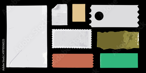 Collection of torn and damaged paper scraps against a black background