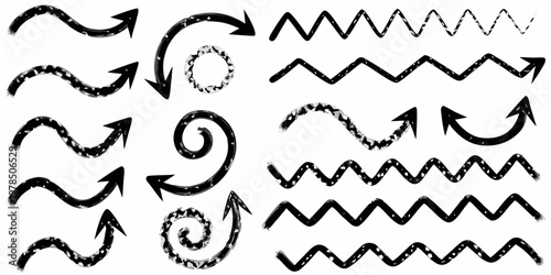 Collection of hand drawn black arrows and wavy lines on white background