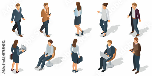 Isometric illustration depicting diverse business people in various work settings