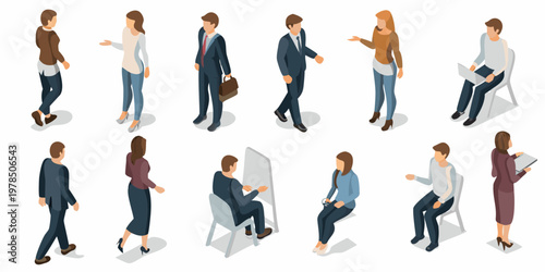Isometric illustration of diverse people in professional settings and daily life