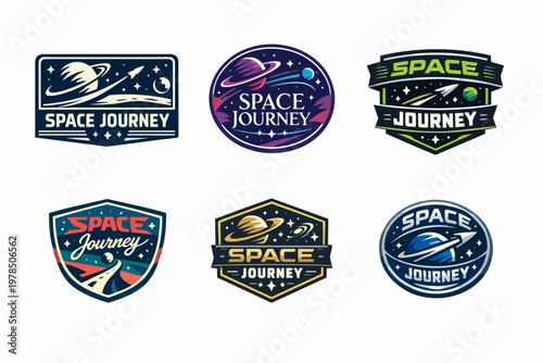 Set of space journey emblems featuring rockets, planets, stars, and galaxies for exploration mission concepts