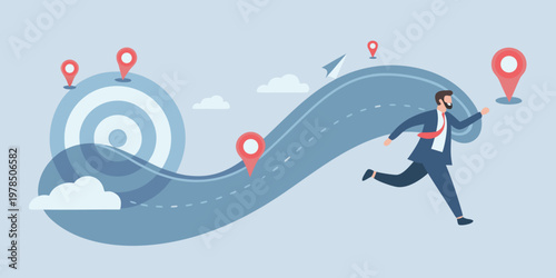 A businessman runs along a winding road toward a target goal