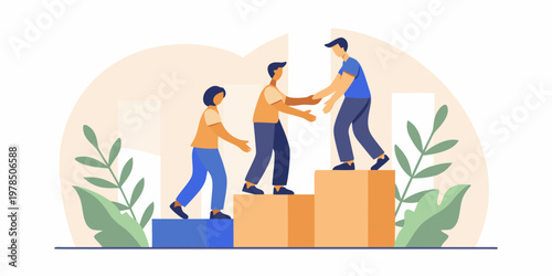 People helping each other climb steps towards success and achievement