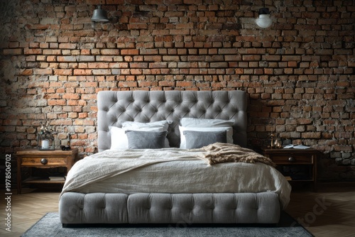 Cozy bedroom with tufted headboard against a rustic brick wall.