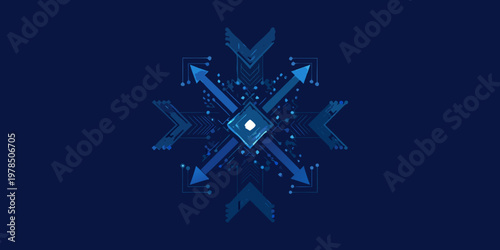 Abstract geometric design featuring a glowing blue diamond and directional arrows