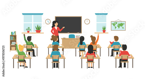 Diverse elementary students actively participate in a vibrant classroom setting while the dedicated teacher instructs lessons near the large blackboard.