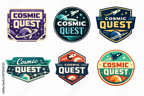 Cosmic quest logos set, exploring space adventure with rockets, planets, stars, and abstract galaxy elements