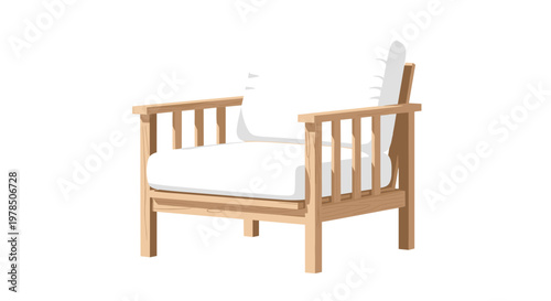 A single wooden armchair with a light-colored frame and white cushions, designed with a slatted back and armrests in a clean, minimalist furniture.