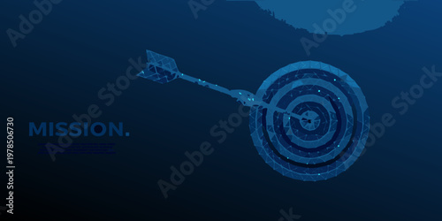 Polygonal arrow hitting a bullseye target on a dark blue background
