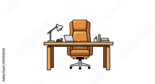 A professional office desk setup featuring a brown leather chair, wooden table, laptop, desk lamp, stapler, and a stack of books with stationery.