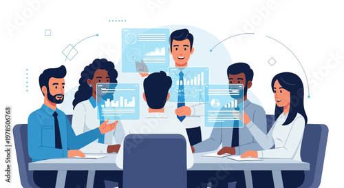 Collaborative data analysis meeting with diverse team utilizing interactive visualizations in