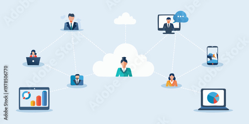 Connected people using various devices linked through a central cloud network