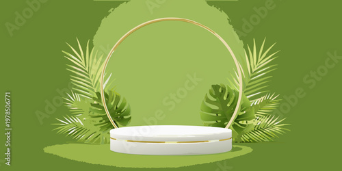 Minimalist product display with tropical leaves and a golden arch