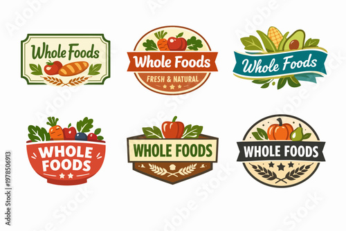 Set of whole foods emblems with fresh fruits and vegetables, illustrating healthy and natural nutrition concepts