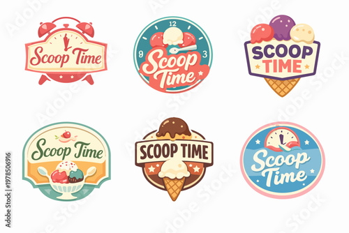 Collection of ice cream parlor vintage style labels and logos, concept of sweet dessert time and delicious treats