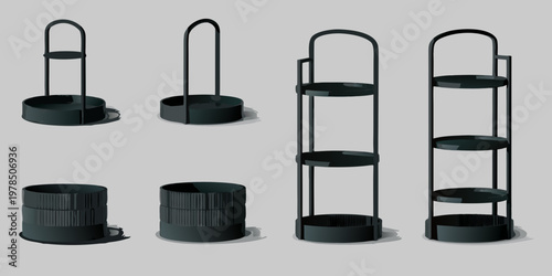 Minimalist black metal shelving units and cylindrical bases are displayed