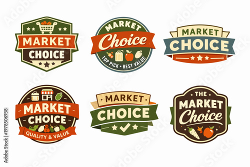 Market choice logos set featuring retro badges, vintage shop labels, and organic grocery branding designs with food icons