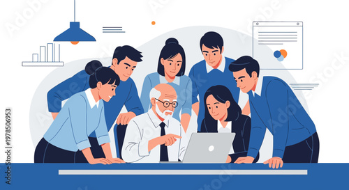 Collaborative team gathers around laptop for brainstorming session in modern office setting