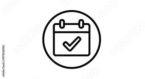A simple black and white line drawing of a calendar with a checkmark inside a circle