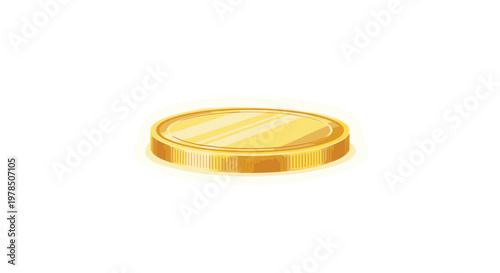 A solitary gleaming golden coin rests flat upon a pristine white surface, highlighting its polished metallic texture and circular rim in bright lighting.