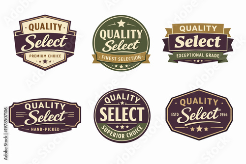 Collection of quality select labels and badges with vintage retro design for premium choice branding and product packaging