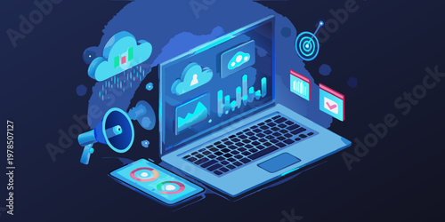 Isometric illustration of a laptop displaying data analytics and digital marketing