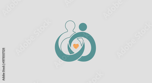 Modern gender reveal symbol with intertwined male and female icons and teal ribbon on soft gradient background