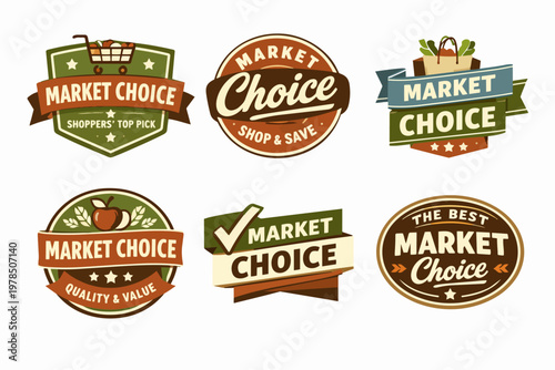 Market choice label collection featuring grocery shopping cart, apple, shopping bag, and checkmark designs