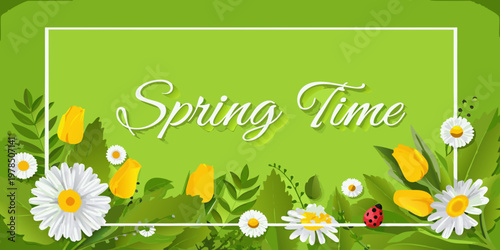 A vibrant spring time frame with flowers leaves and a ladybug