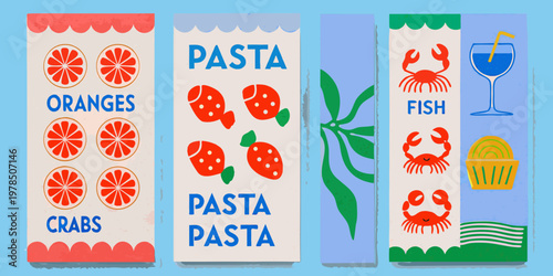 Colorful illustrated panels depict oranges pasta crabs and fish