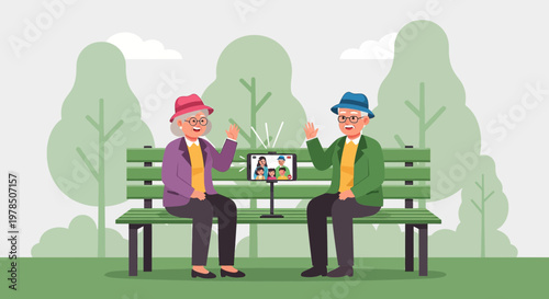 Cartoon illustration of grandparents video calling their family in the park with a tablet and stand