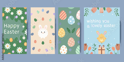 Four colorful easter cards with eggs bunnies flowers and greetings