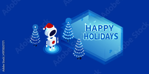 Festive robot stands before a glowing ice cube with holiday greetings
