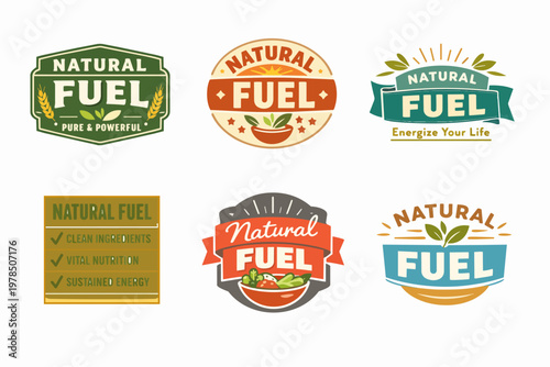 Natural fuel concept branding design collection showing organic food product labels for healthy eating and wellness