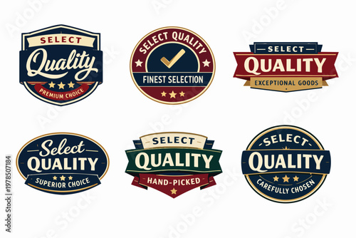 Collection of select quality vintage-style badges and emblems, representing premium products and guaranteeing customer satisfaction