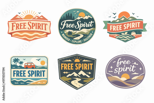 Free spirit travel badges representing adventure, nature, outdoors, mountains, sea, and camping concepts for wanderlust