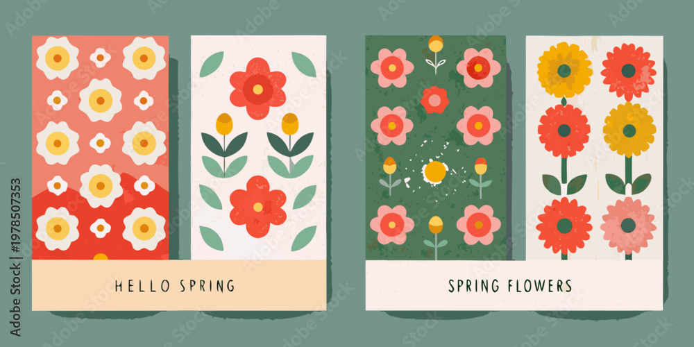 Naklejka premium Four colorful floral patterned rectangles with spring themed text